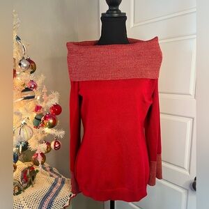 Questions? Red Metallic Gold Ribbed Cowl Style Neck Sweater Blouse L Valentines